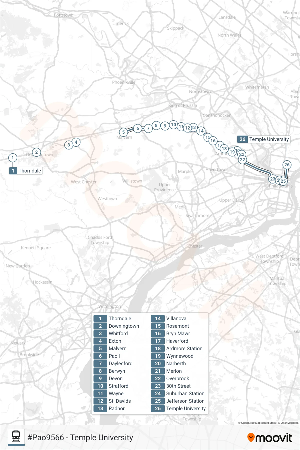 PAO train Line (#Pao9566 - Temple University) route and stops on a map