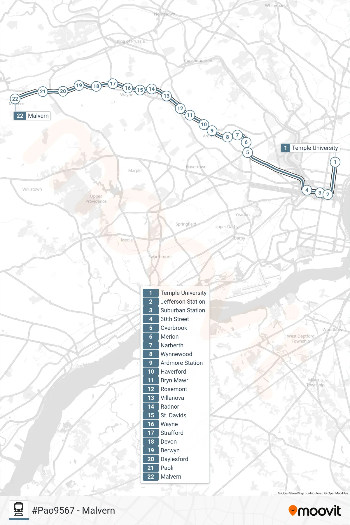 PAO train Line (#Pao9567 - Malvern) route and stops on a map