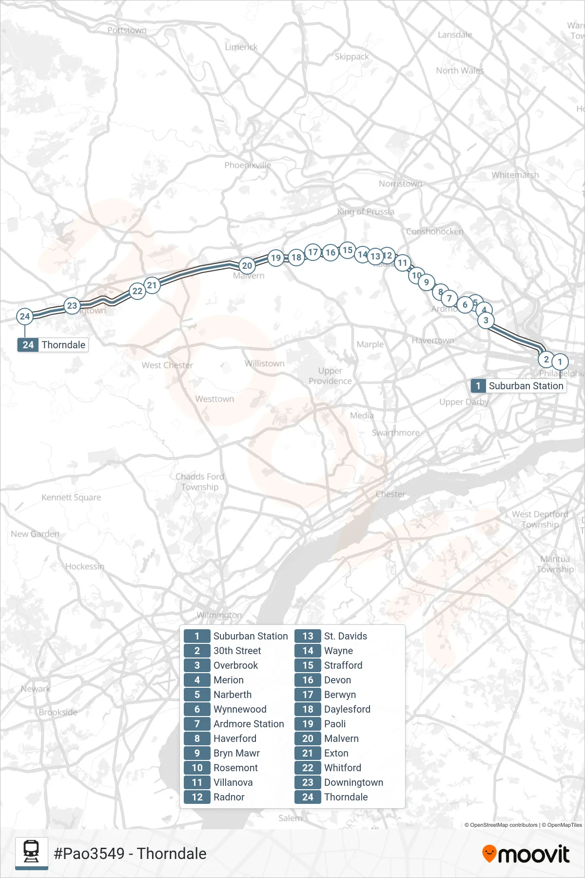 PAO train Line (#Pao3549 - Thorndale) route and stops on a map