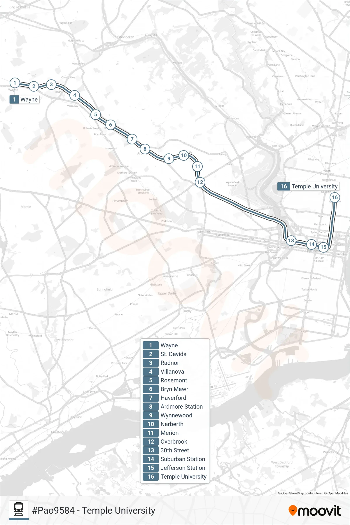 PAO train Line (#Pao9584 - Temple University) route and stops on a map
