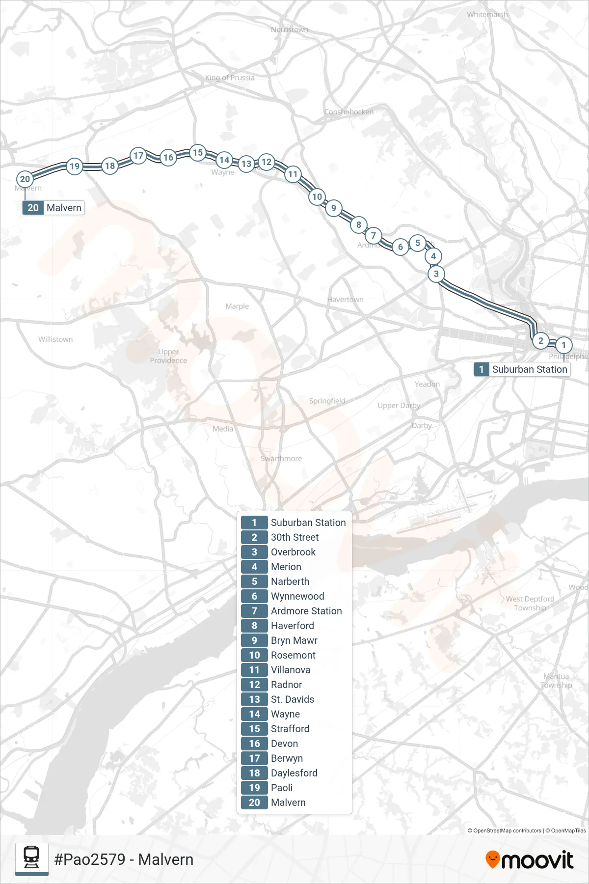 PAO train Line (#Pao2579 - Malvern) route and stops on a map