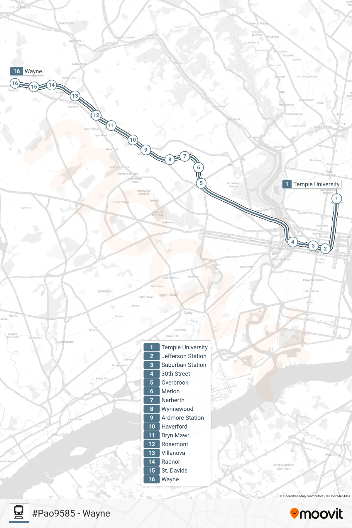 PAO train Line (#Pao9585 - Wayne) route and stops on a map