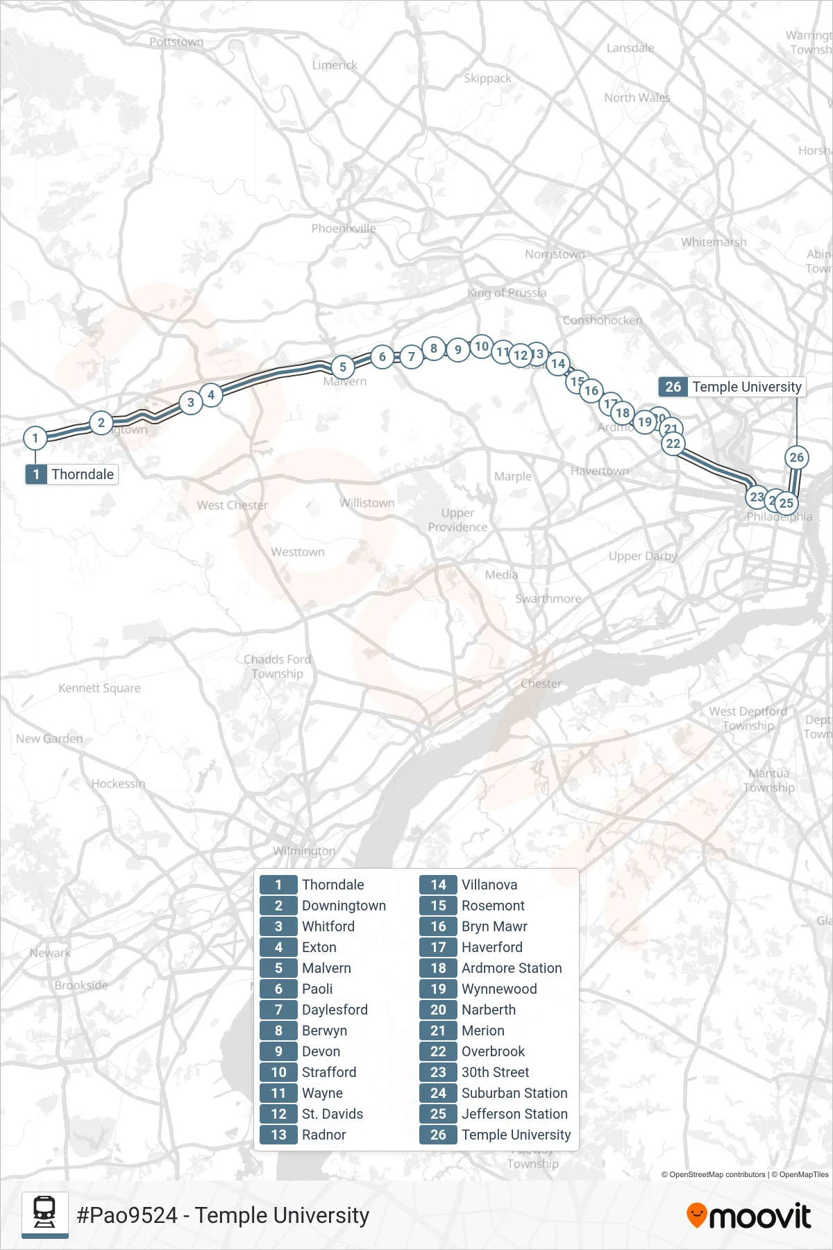PAO train Line (#Pao9524 - Temple University) route and stops on a map