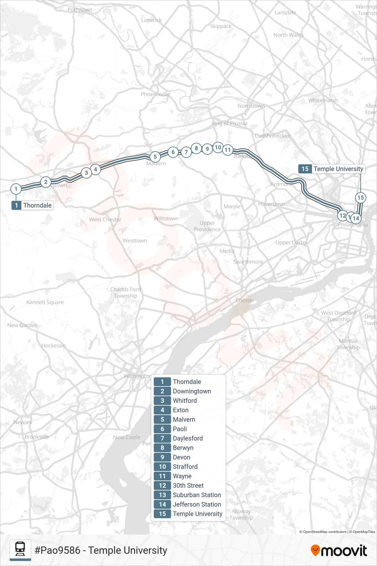 PAO train Line (#Pao9586 - Temple University) route and stops on a map