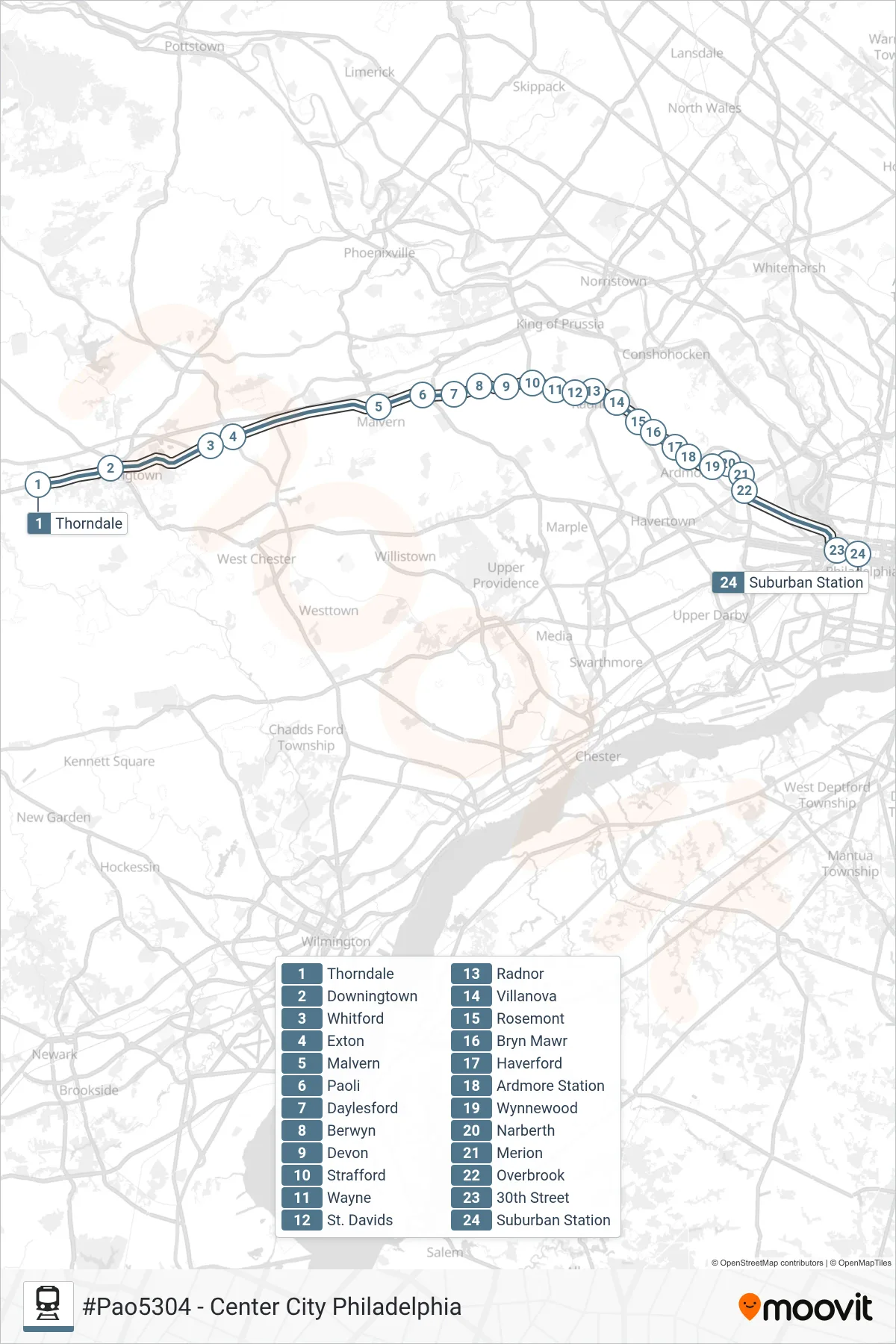 PAO train Line (#Pao5304 - Center City Philadelphia) route and stops on a map