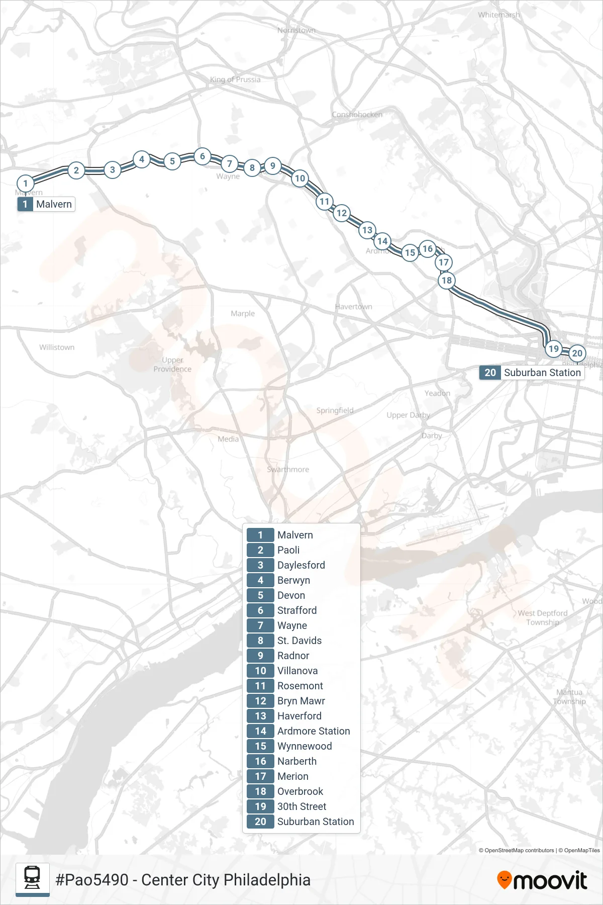 PAO train Line (#Pao5490 - Center City Philadelphia) route and stops on a map