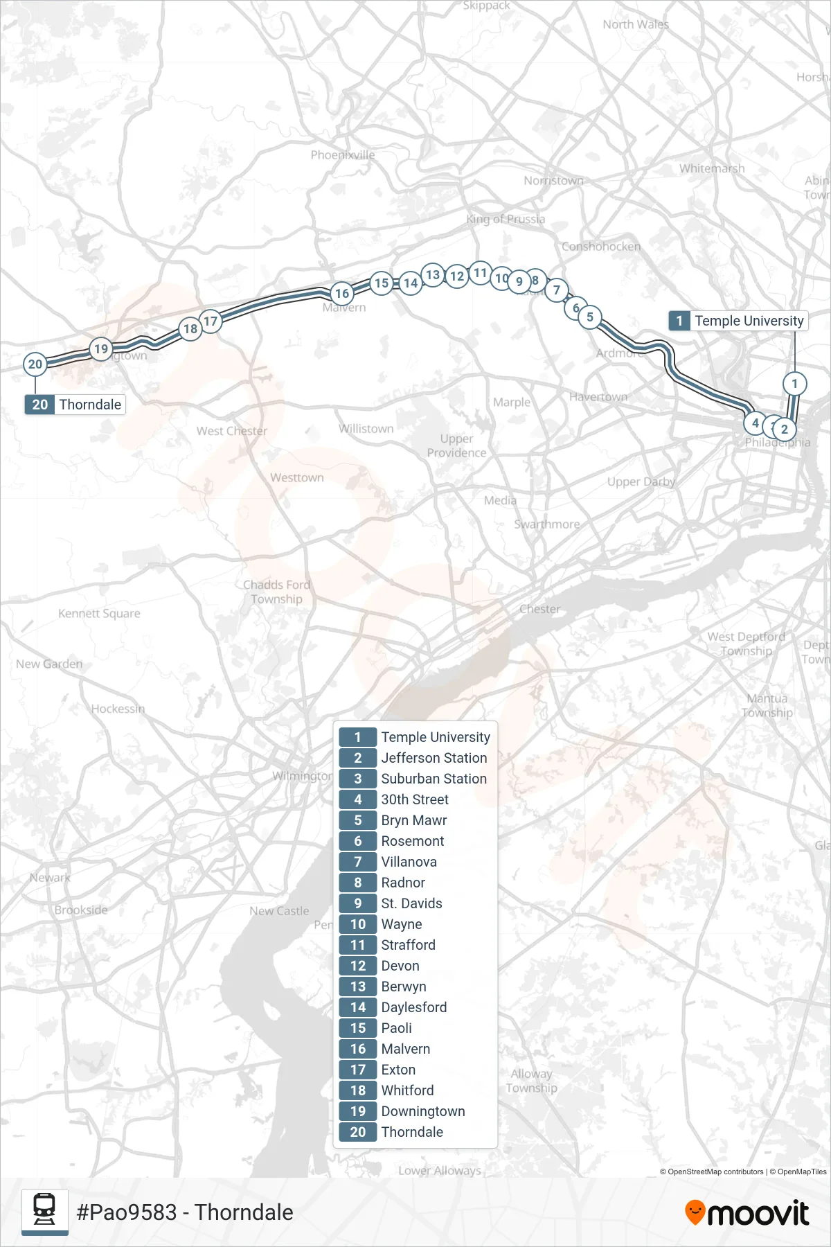 PAO train Line (#Pao9583 - Thorndale) route and stops on a map