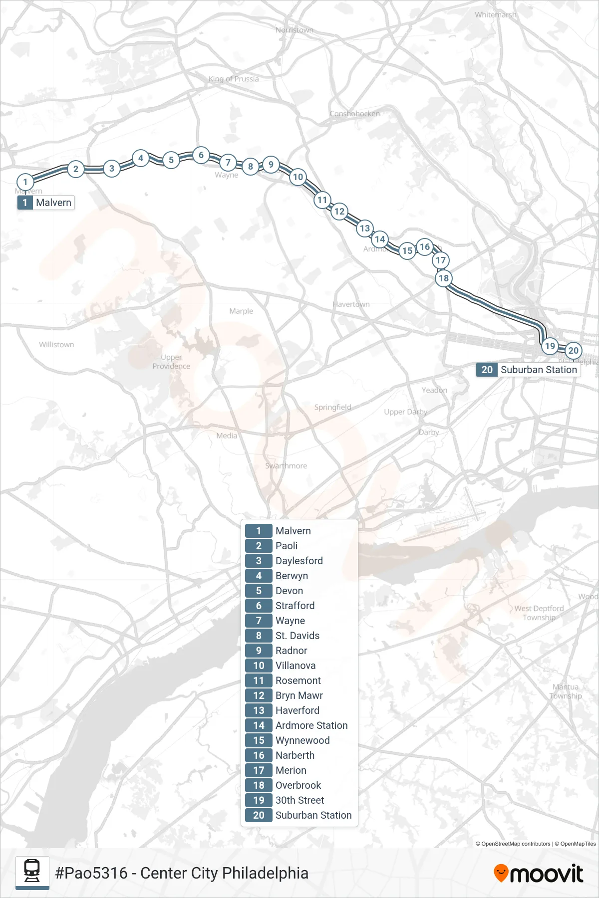 PAO train Line (#Pao5316 - Center City Philadelphia) route and stops on a map