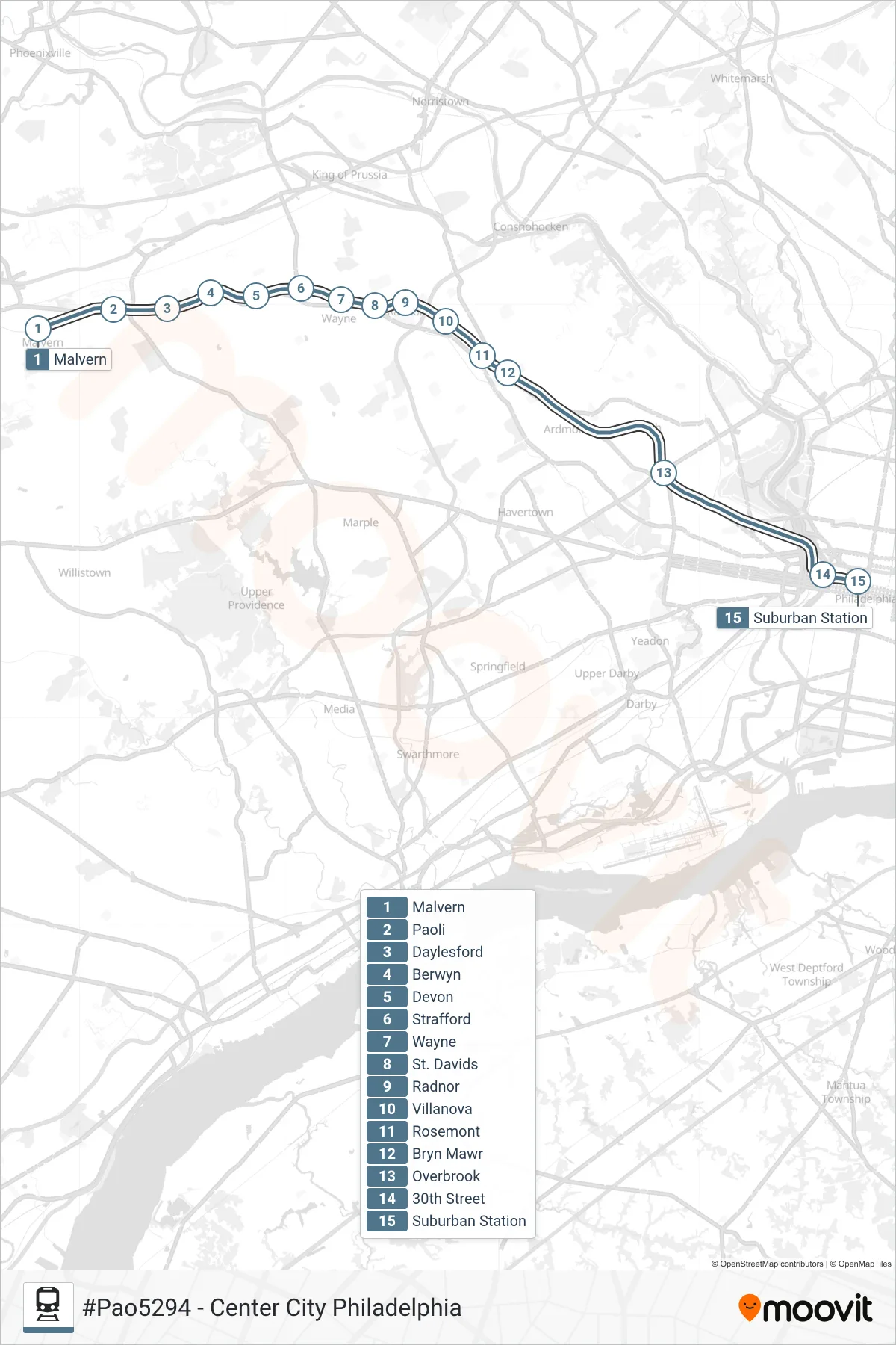 PAO train Line (#Pao5294 - Center City Philadelphia) route and stops on a map