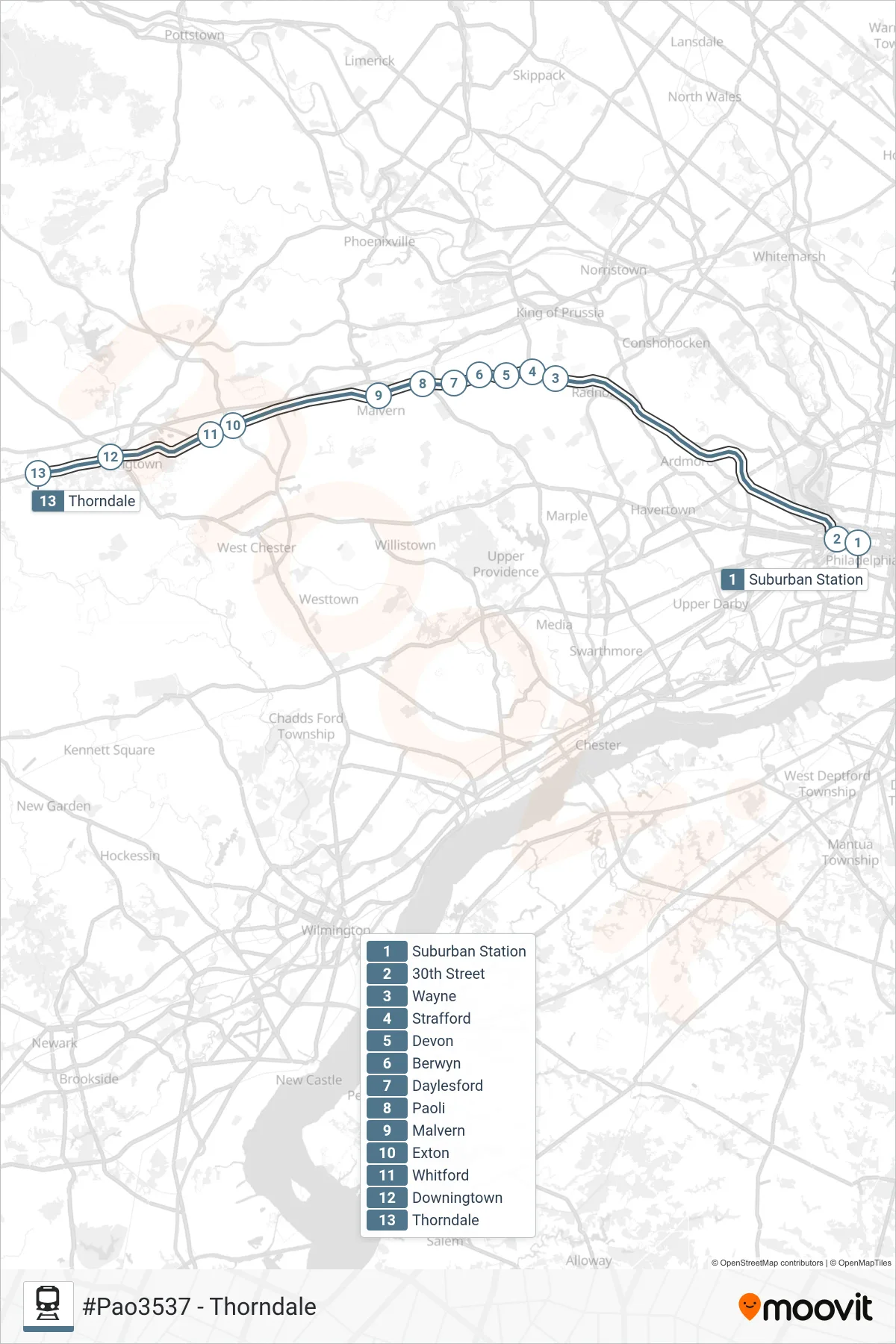 PAO train Line (#Pao3537 - Thorndale) route and stops on a map