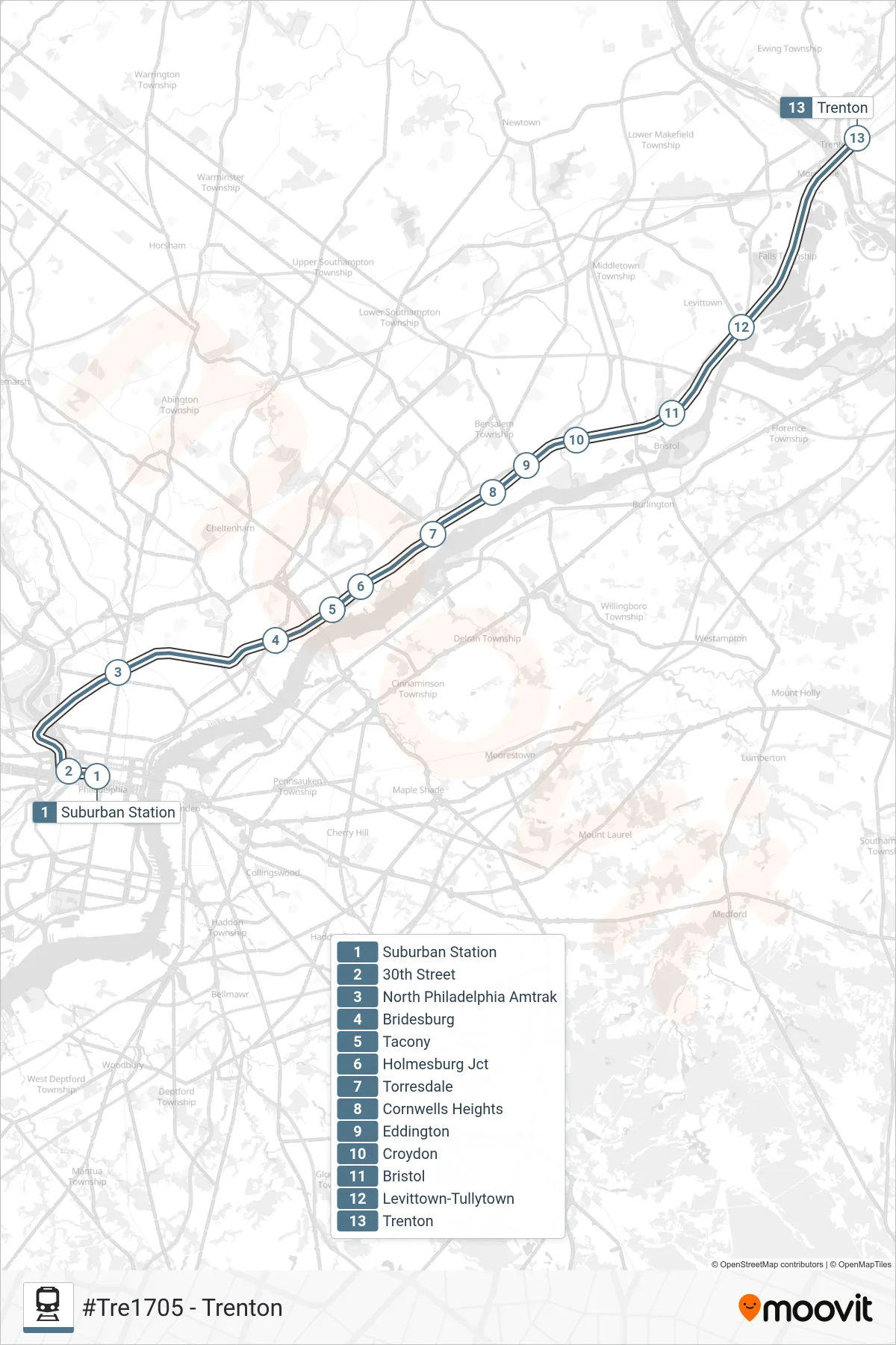 TRE rail Line (#Tre1705 - Trenton) route and stops on a map