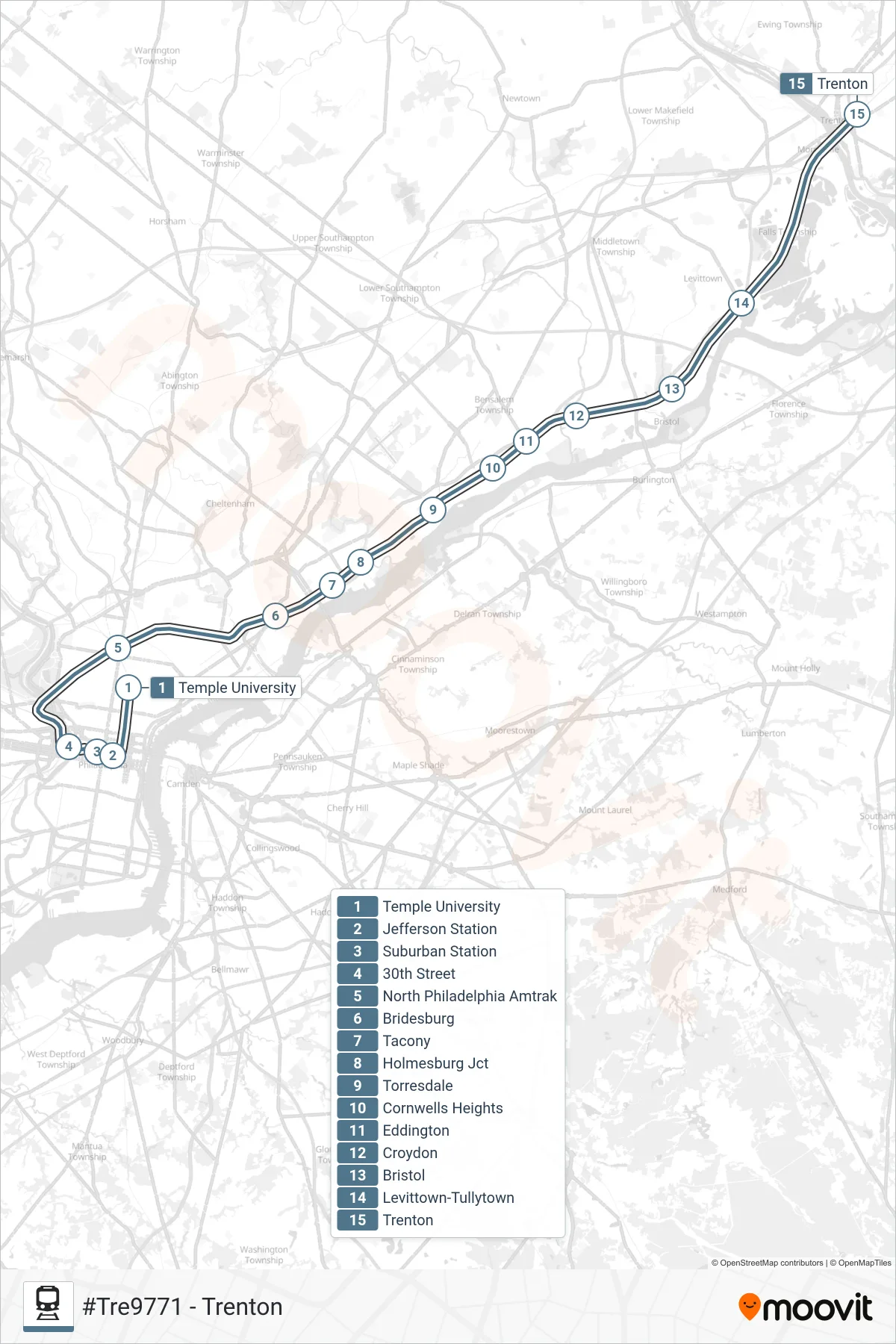 TRE train Line (#Tre9771 - Trenton) route and stops on a map