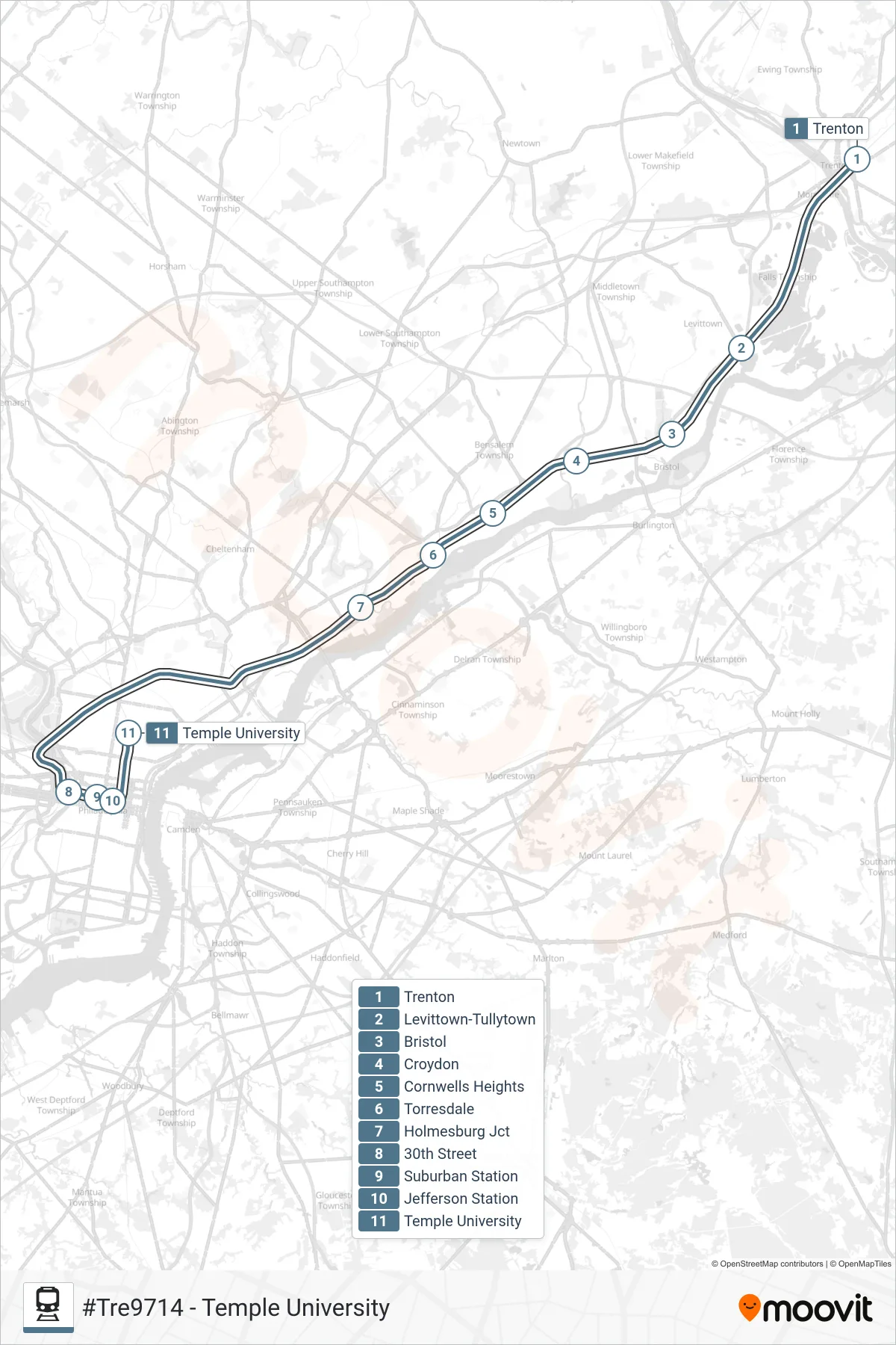 TRE train Line (#Tre9714 - Temple University) route and stops on a map