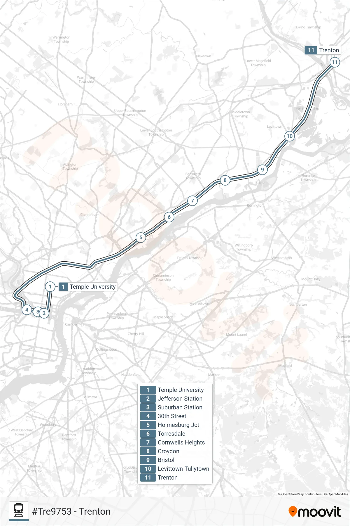TRE train Line (#Tre9753 - Trenton) route and stops on a map