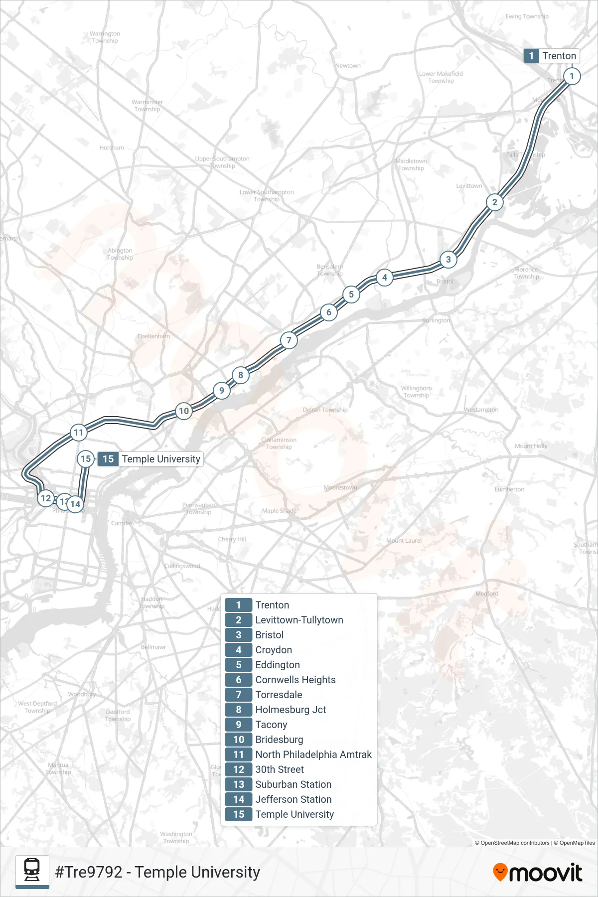 TRE train Line (#Tre9792 - Temple University) route and stops on a map