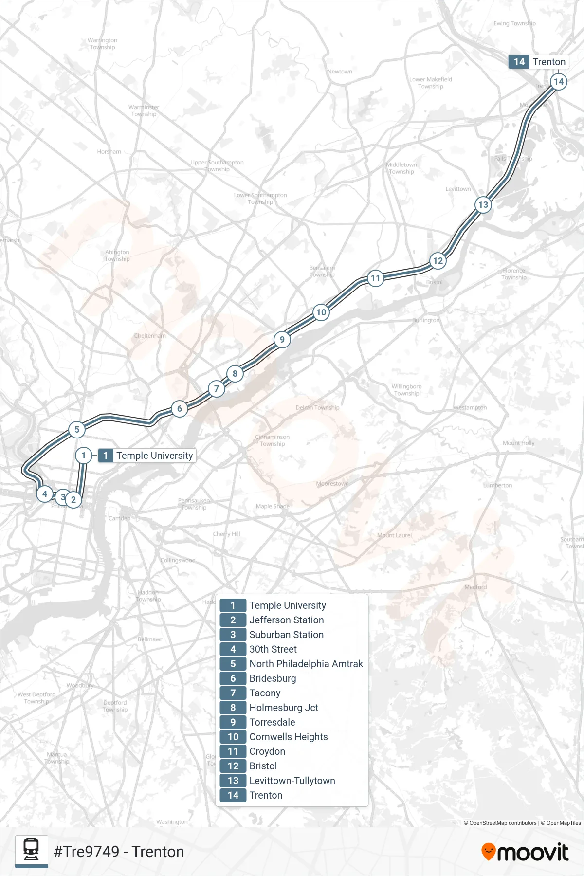 TRE rail Line (#Tre9749 - Trenton) route and stops on a map