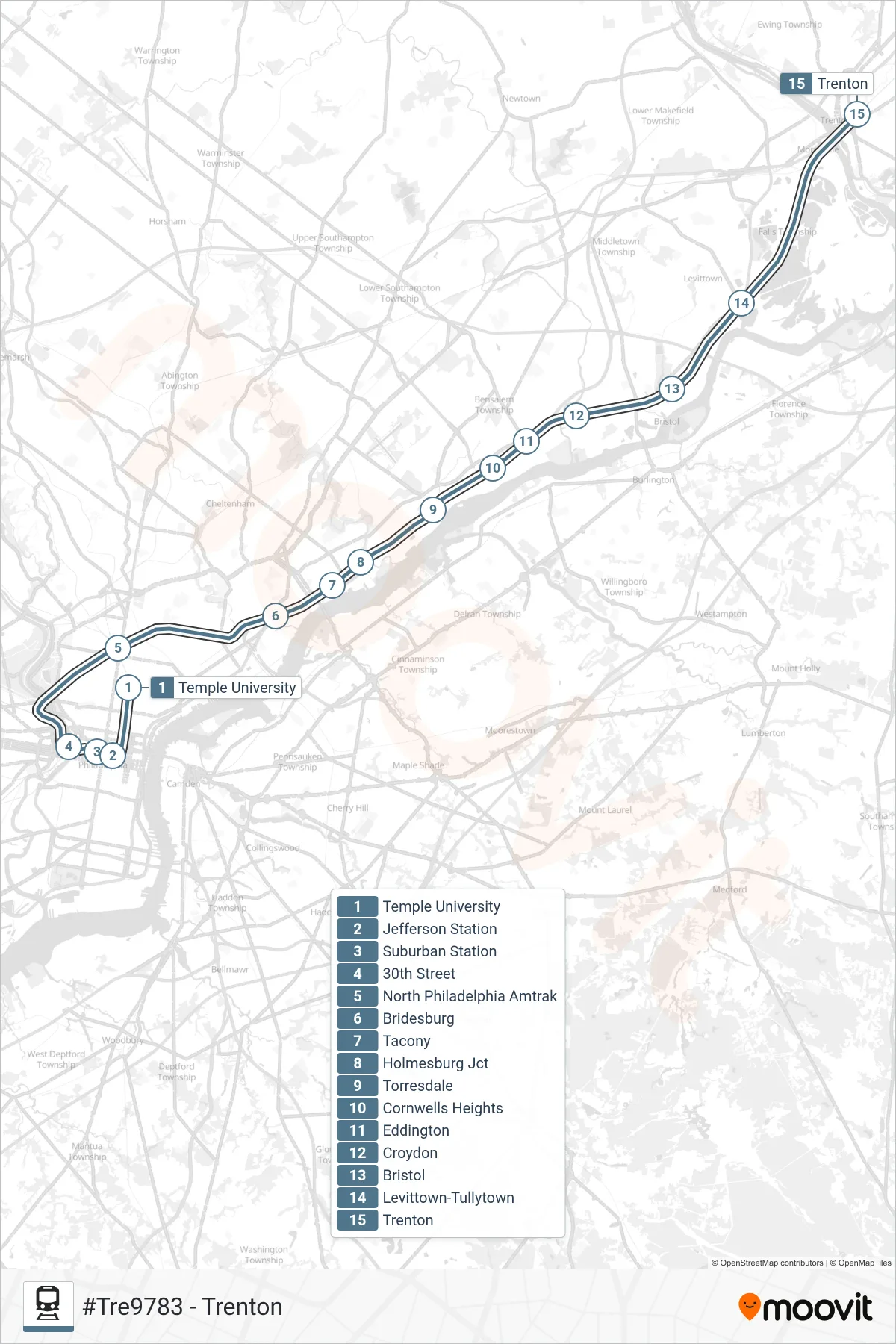 TRE train Line (#Tre9783 - Trenton) route and stops on a map