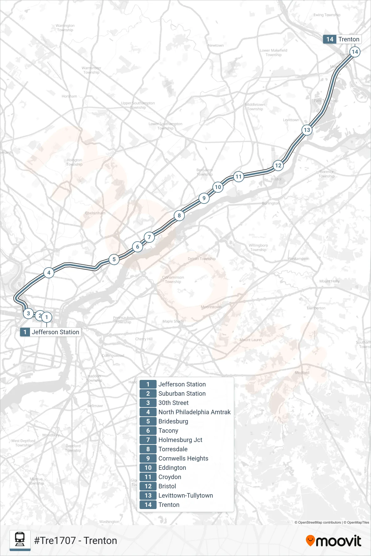 TRE train Line (#Tre1707 - Trenton) route and stops on a map