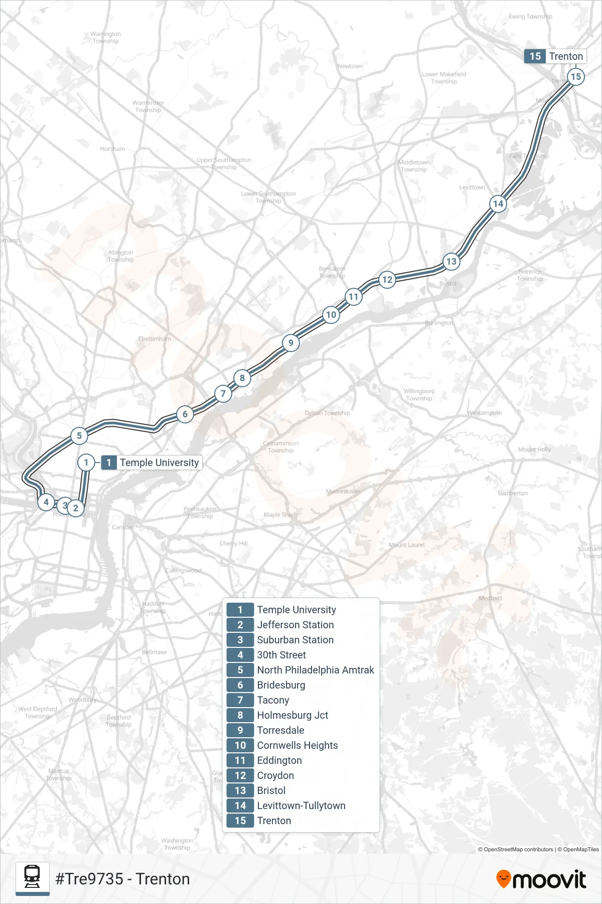 TRE rail Line (#Tre9735 - Trenton) route and stops on a map