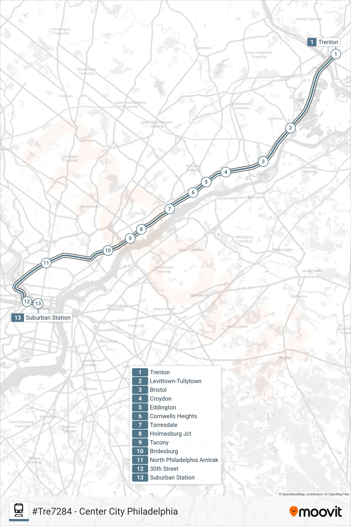 TRE train Line (#Tre7284 - Center City Philadelphia) route and stops on a map