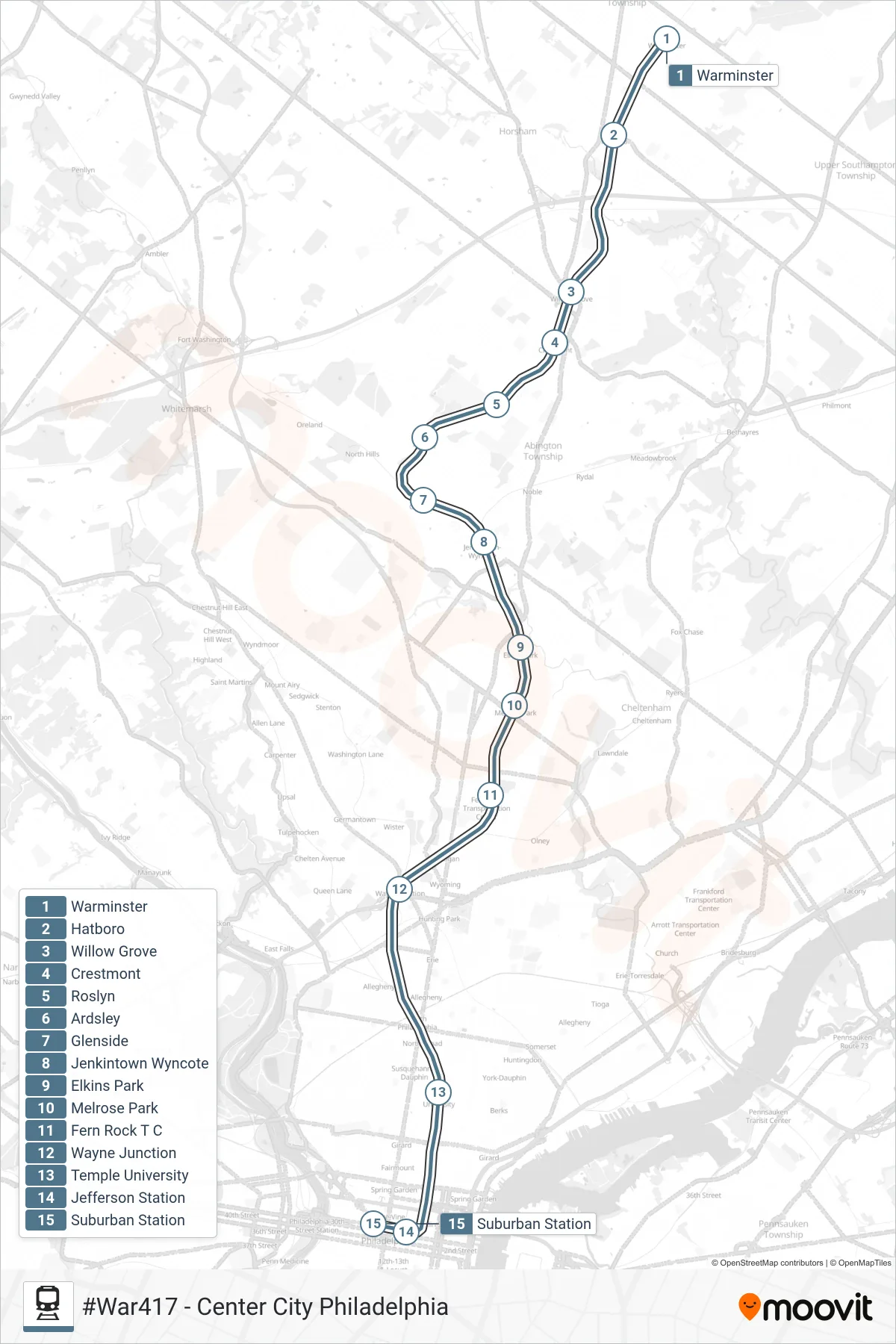WAR train Line (#War417 - Center City Philadelphia) route and stops on a map