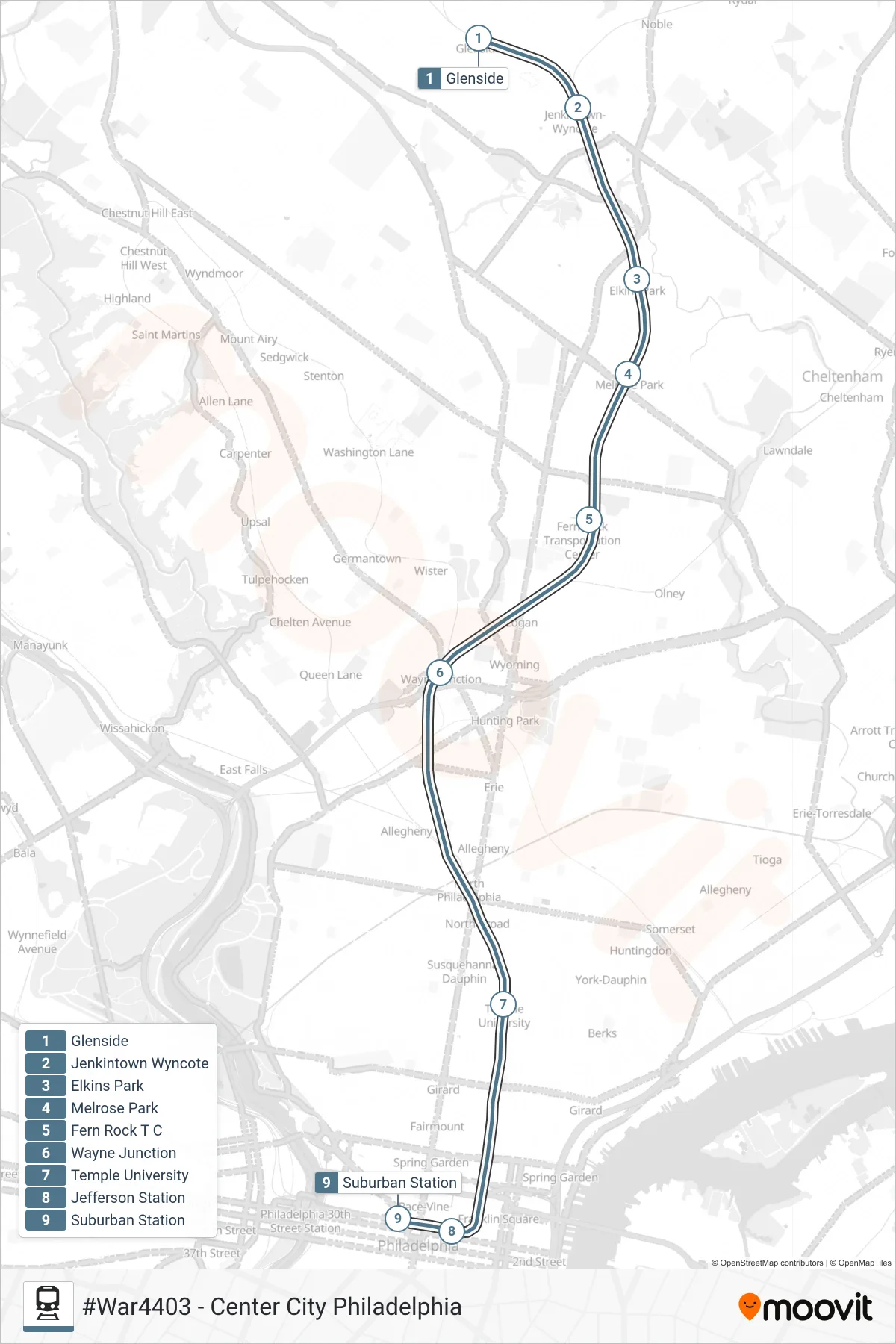WAR train Line (#War4403 - Center City Philadelphia) route and stops on a map