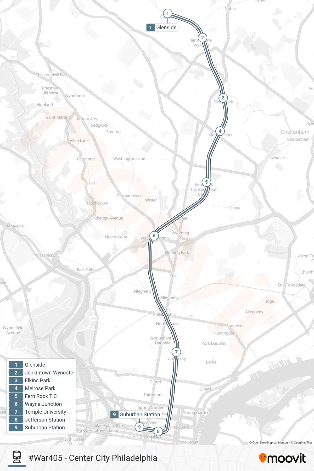 WAR train Line (#War405 - Center City Philadelphia) route and stops on a map