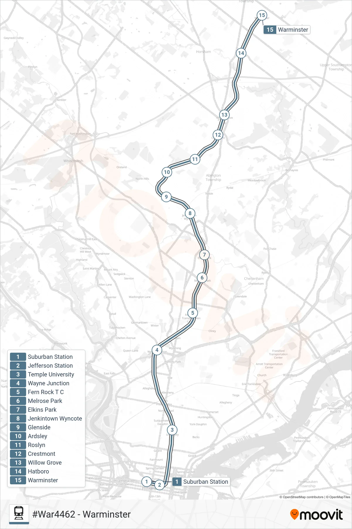 WAR train Line (#War4462 - Warminster) route and stops on a map