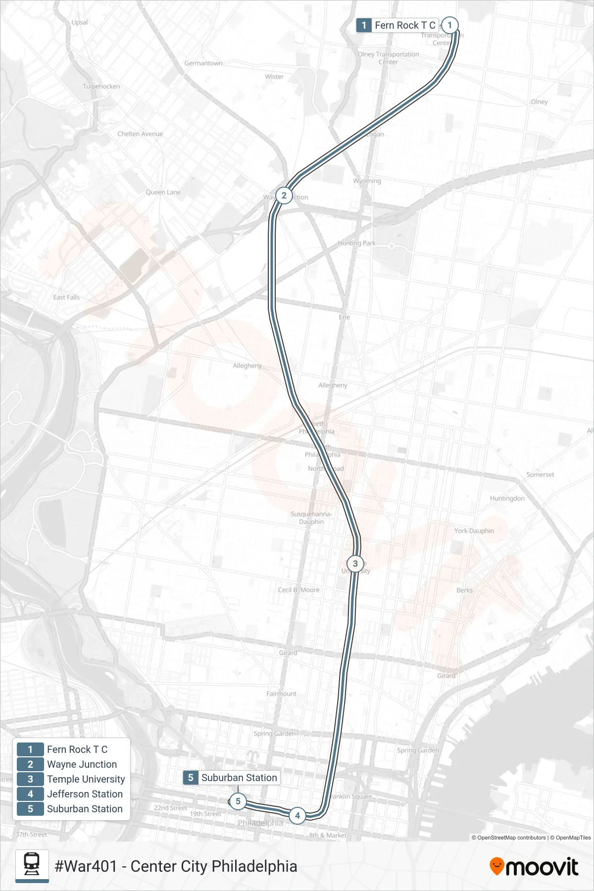 WAR train Line (#War401 - Center City Philadelphia) route and stops on a map