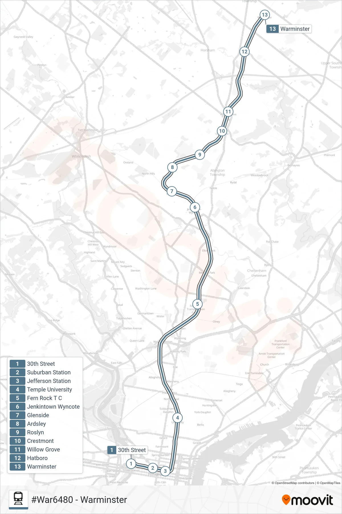 WAR train Line (#War6480 - Warminster) route and stops on a map