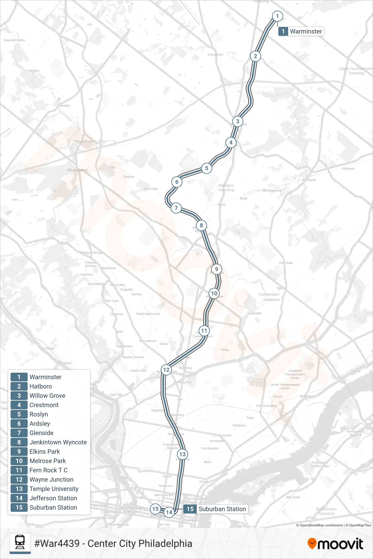 WAR train Line (#War4439 - Center City Philadelphia) route and stops on a map