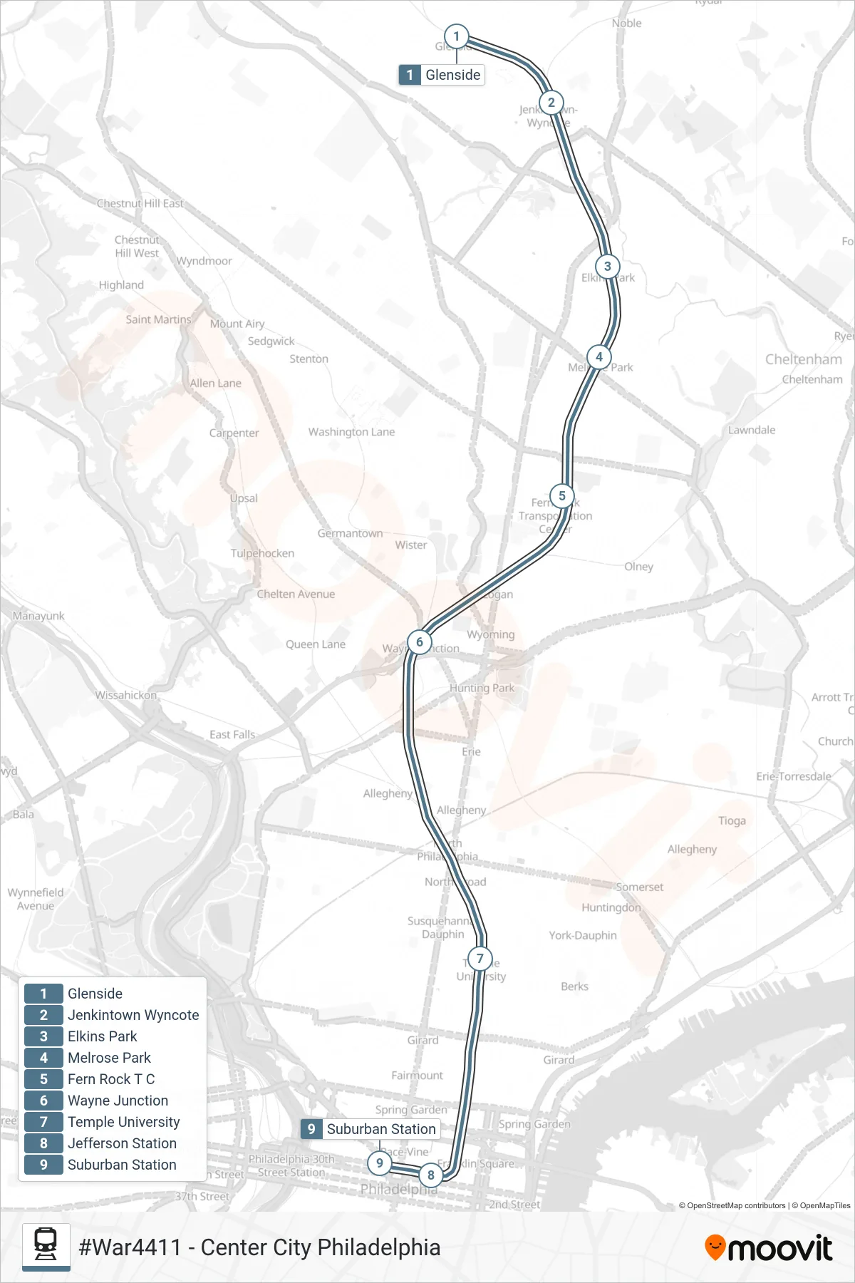 WAR train Line (#War4411 - Center City Philadelphia) route and stops on a map