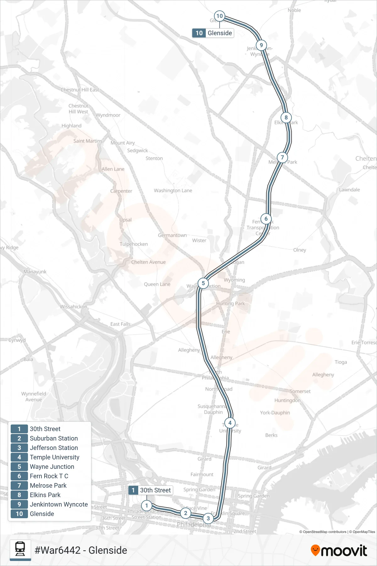WAR train Line (#War6442 - Glenside) route and stops on a map