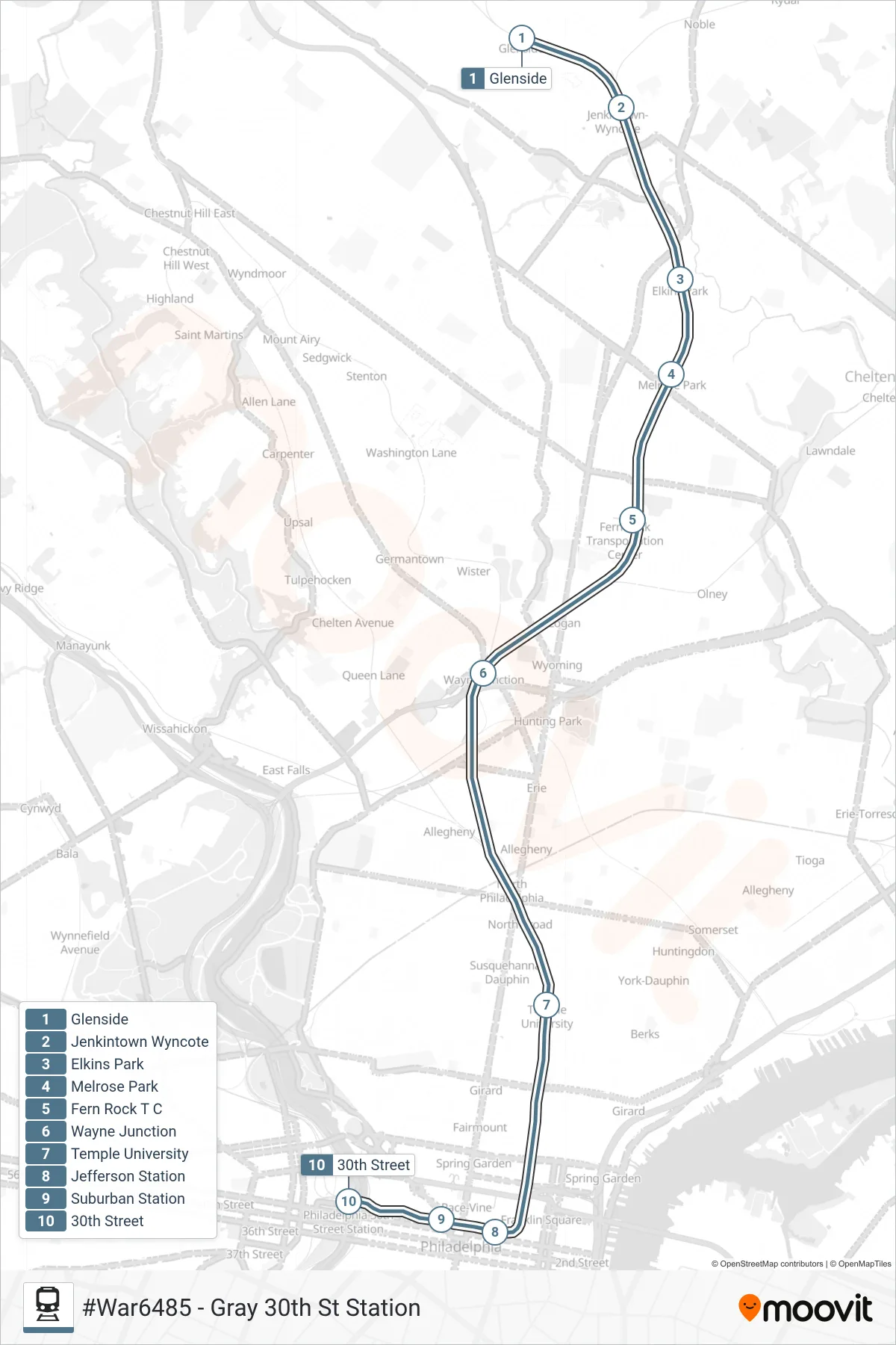 WAR train Line (#War6485 - Gray 30th St Station) route and stops on a map