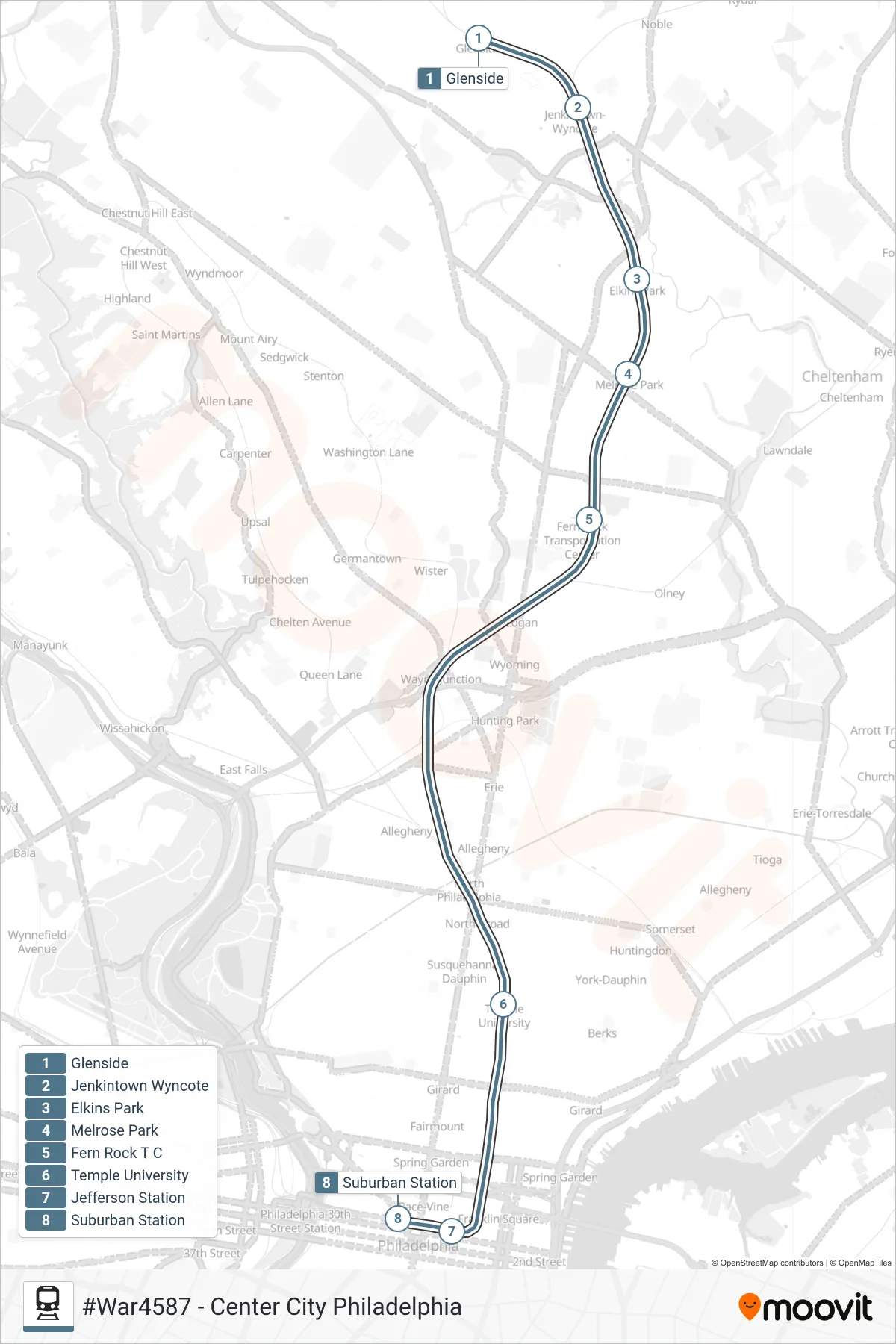 WAR rail Line (#War4587 - Center City Philadelphia) route and stops on a map