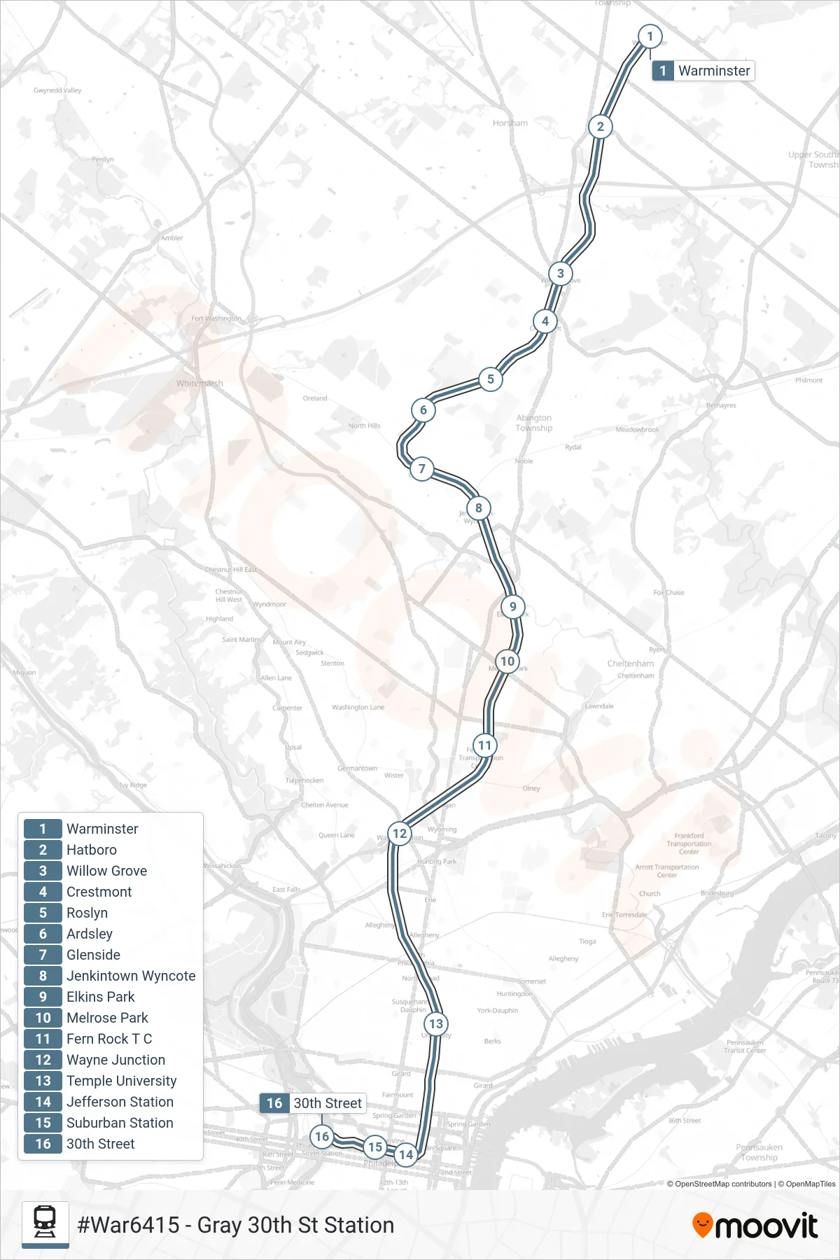 WAR rail Line (#War6415 - Gray 30th St Station) route and stops on a map