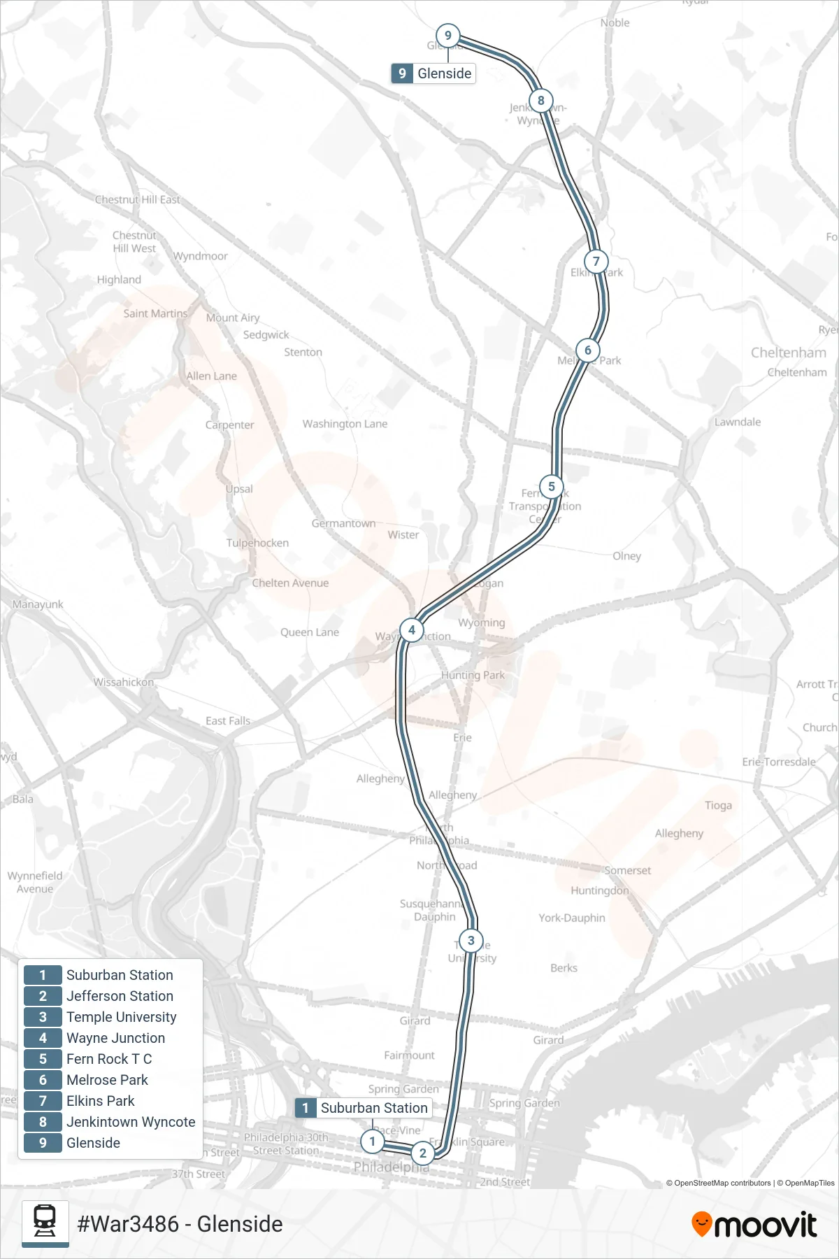 WAR train Line (#War3486 - Glenside) route and stops on a map