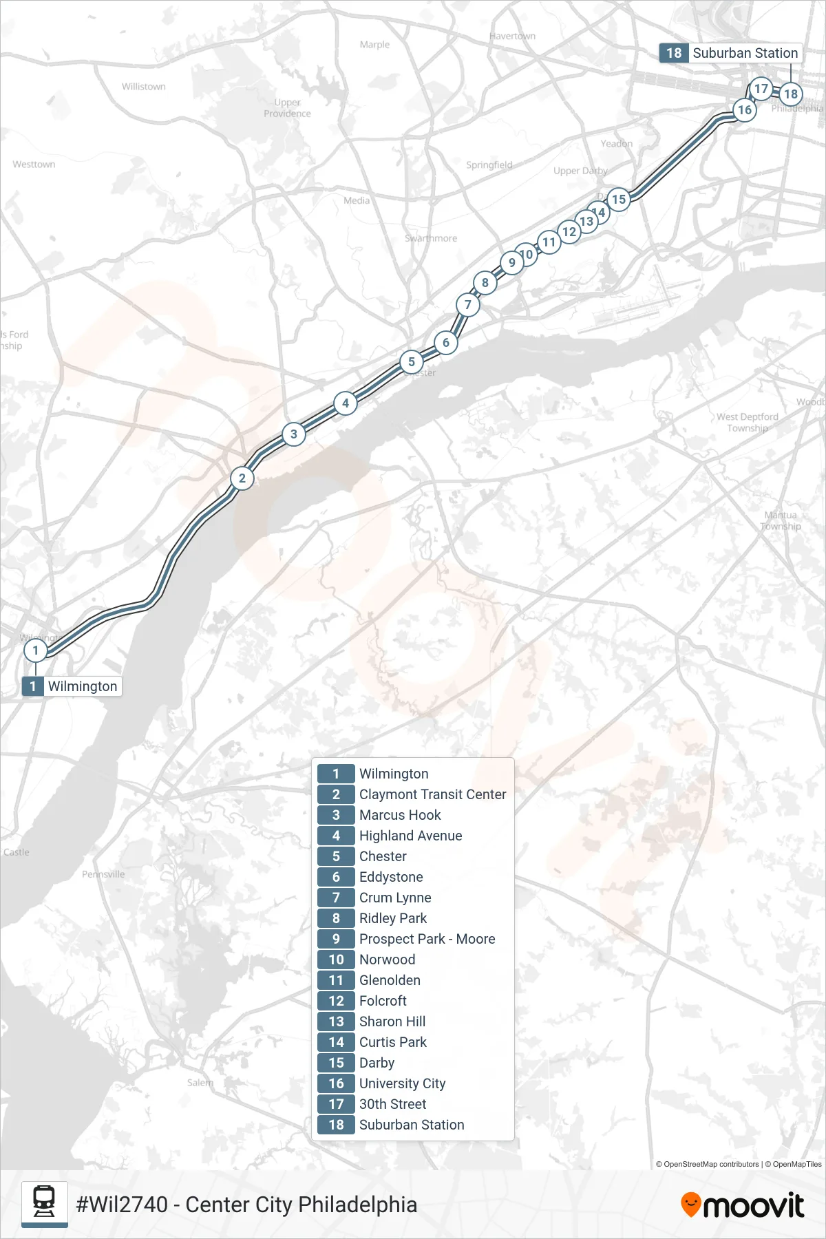 WIL train Line (#Wil2740 - Center City Philadelphia) route and stops on a map