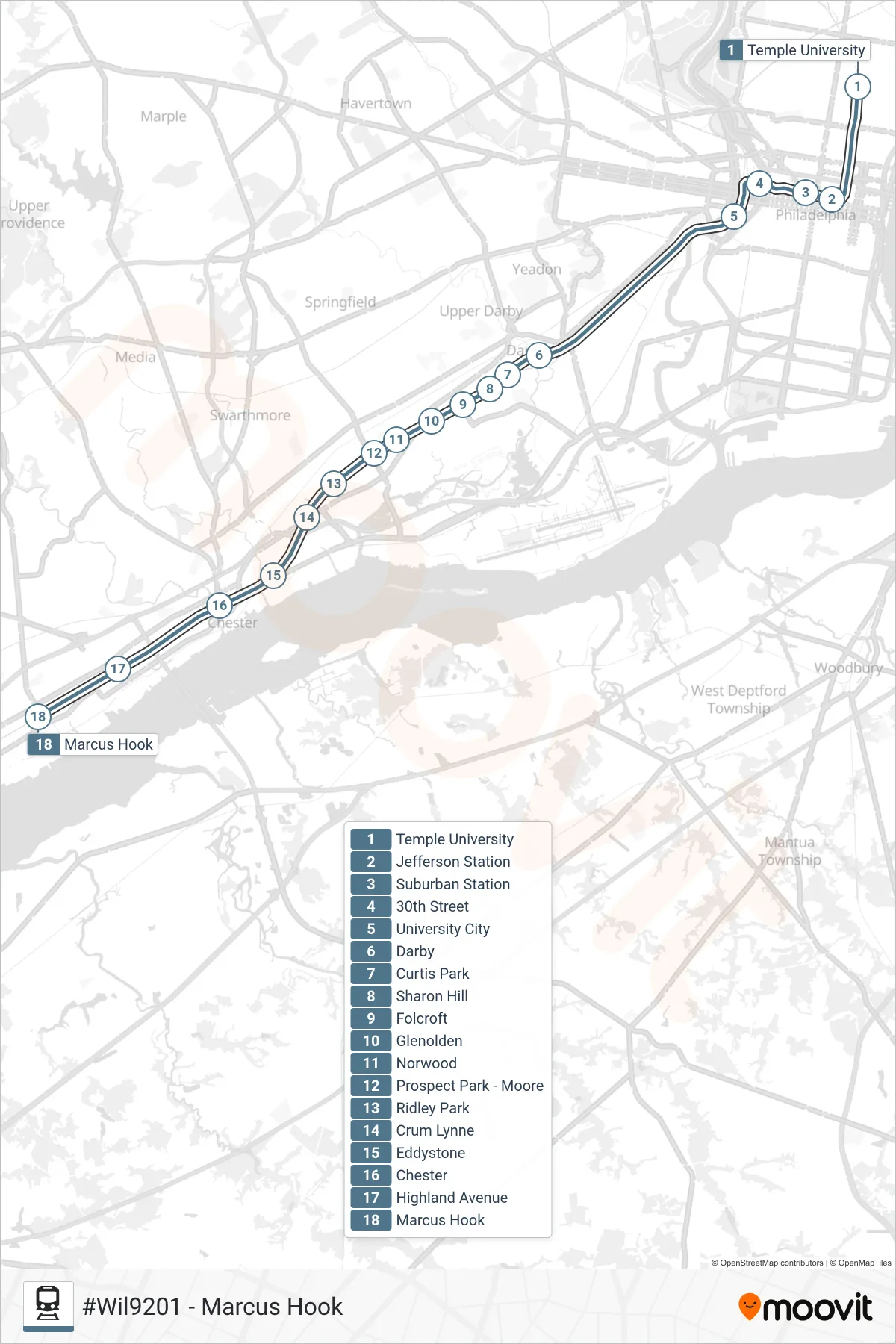 WIL train Line (#Wil9201 - Marcus Hook) route and stops on a map
