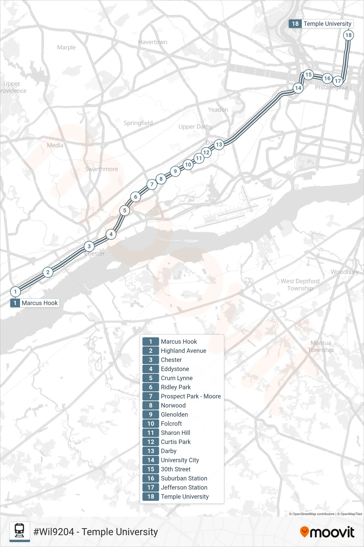WIL rail Line (#Wil9204 - Temple University) route and stops on a map