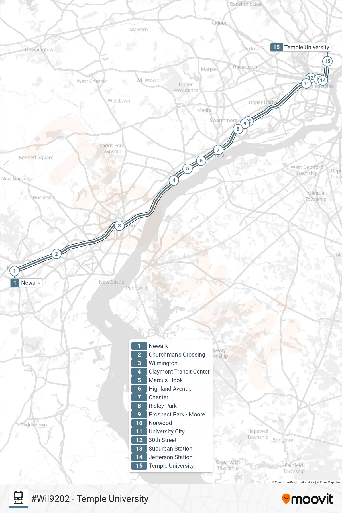 WIL train Line (#Wil9202 - Temple University) route and stops on a map