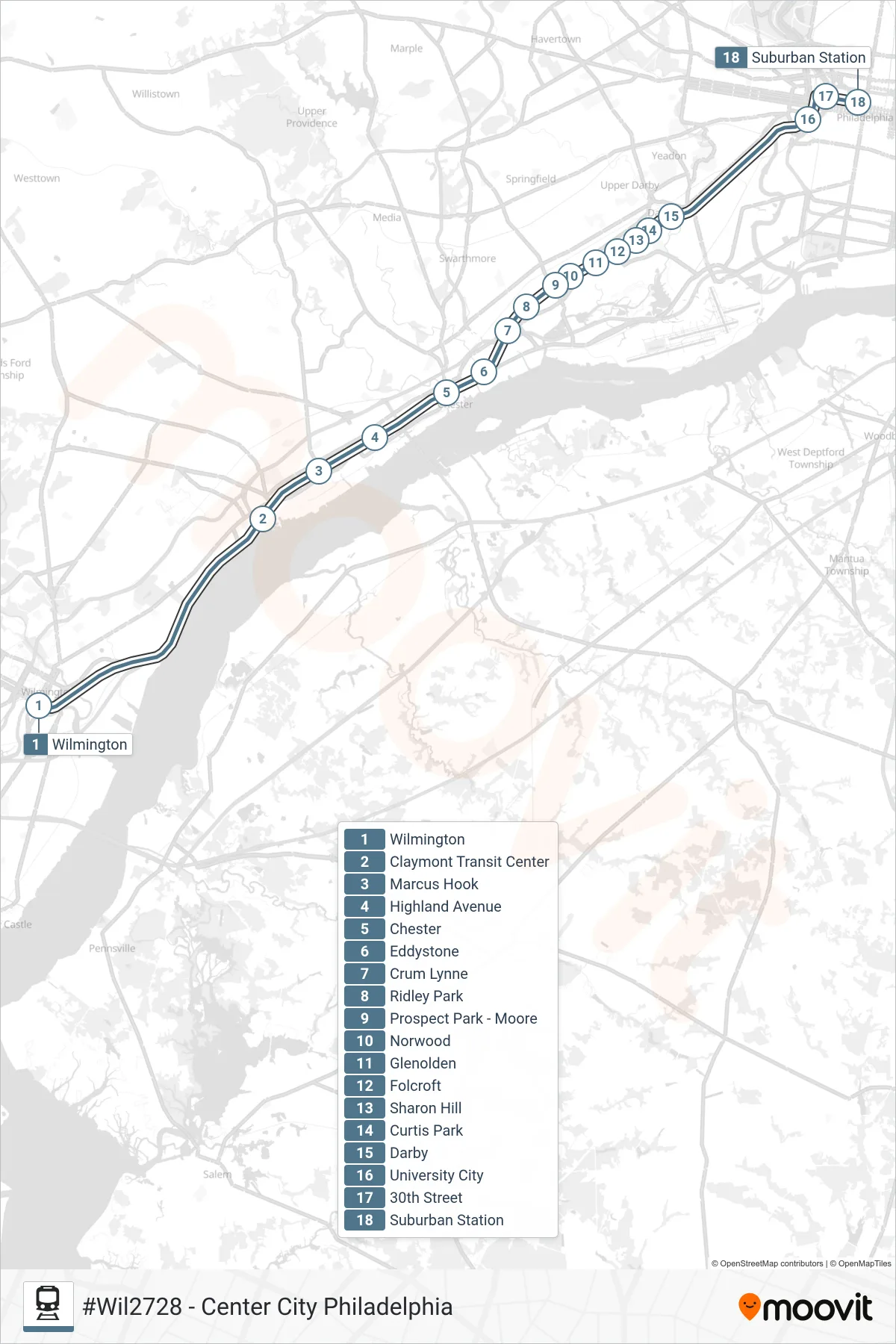 WIL train Line (#Wil2728 - Center City Philadelphia) route and stops on a map