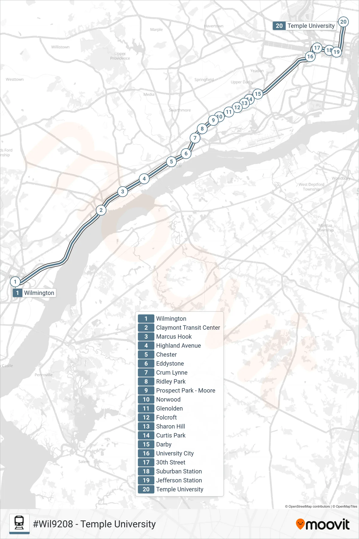 WIL train Line (#Wil9208 - Temple University) route and stops on a map