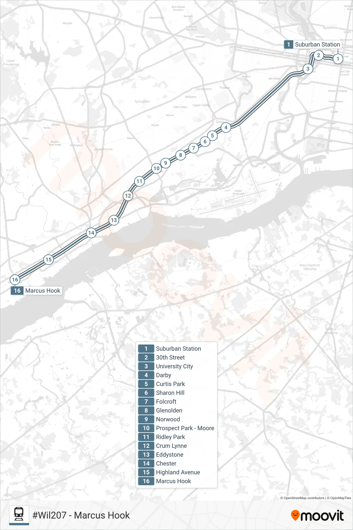 WIL train Line (#Wil207 - Marcus Hook) route and stops on a map