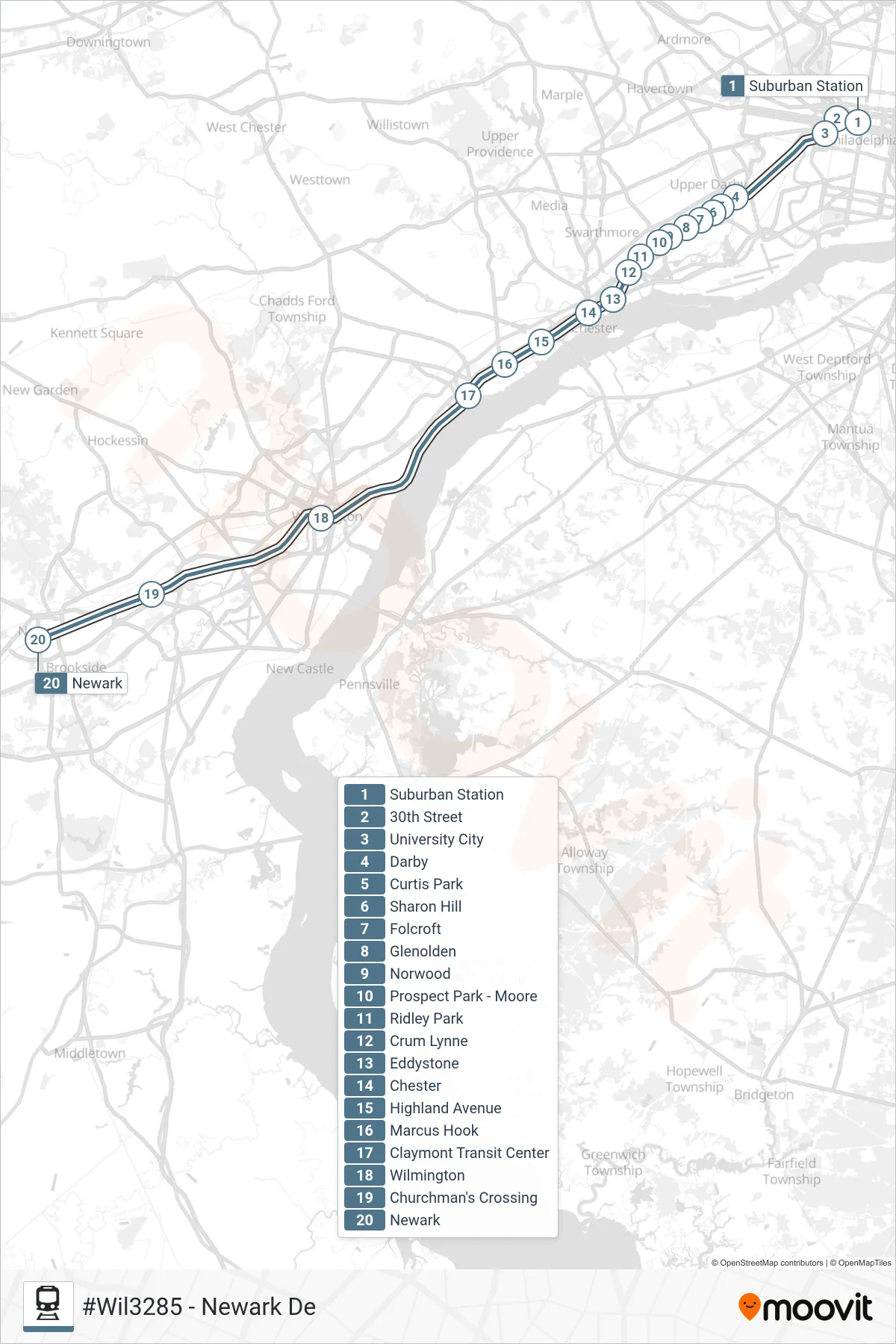 WIL train Line (#Wil3285 - Newark De) route and stops on a map