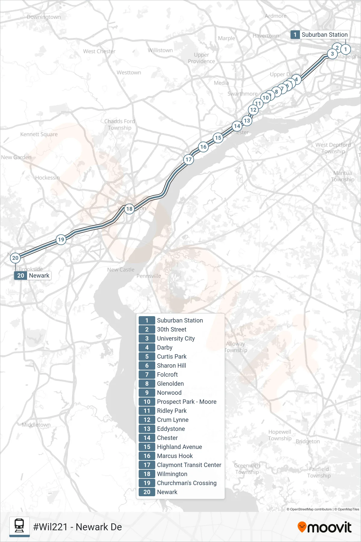 WIL train Line (#Wil221 - Newark De) route and stops on a map