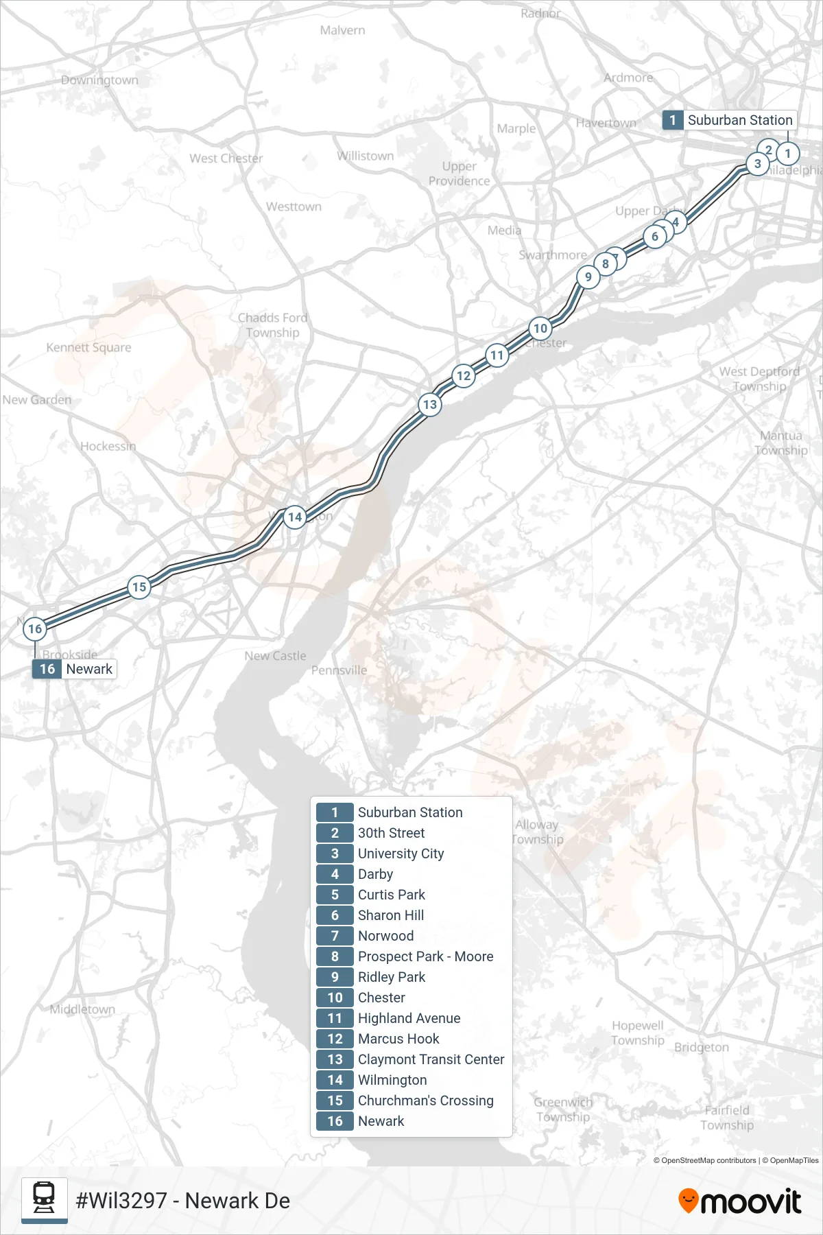 WIL train Line (#Wil3297 - Newark De) route and stops on a map