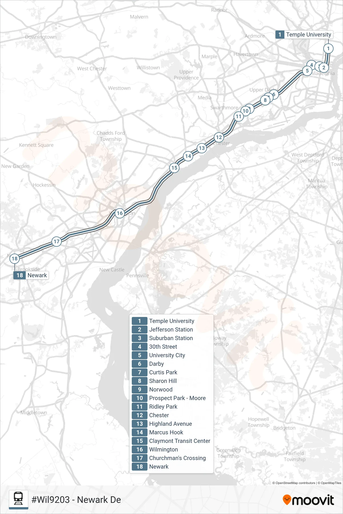 WIL train Line (#Wil9203 - Newark De) route and stops on a map