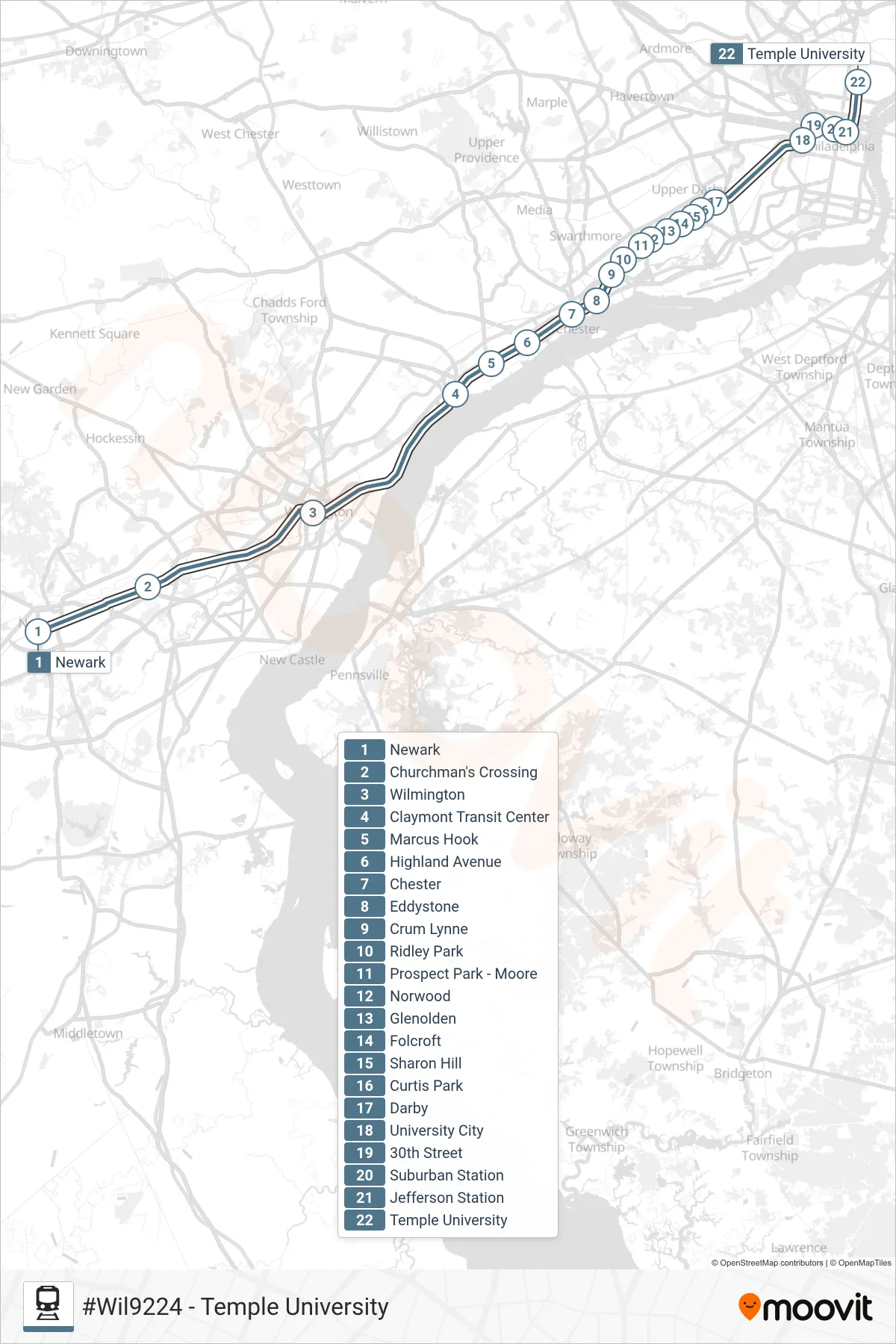 WIL train Line (#Wil9224 - Temple University) route and stops on a map
