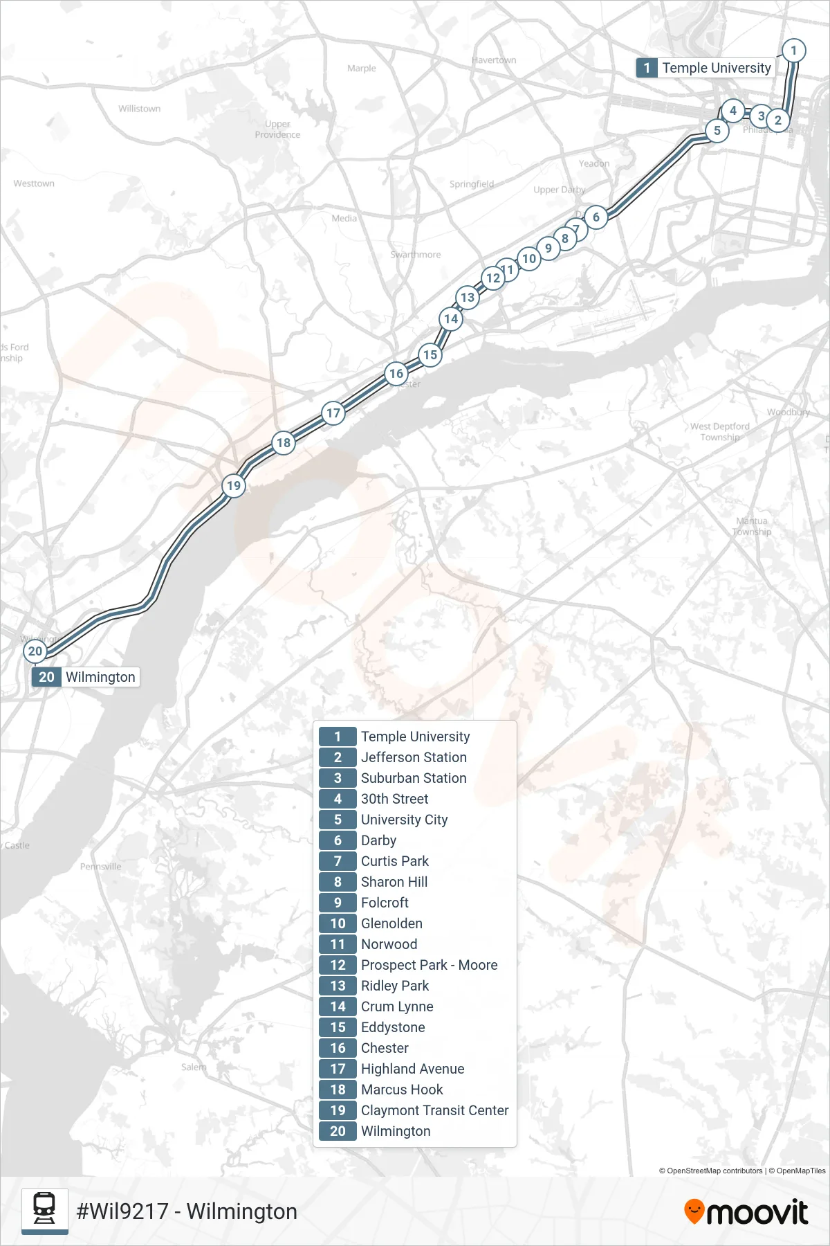 WIL train Line (#Wil9217 - Wilmington) route and stops on a map